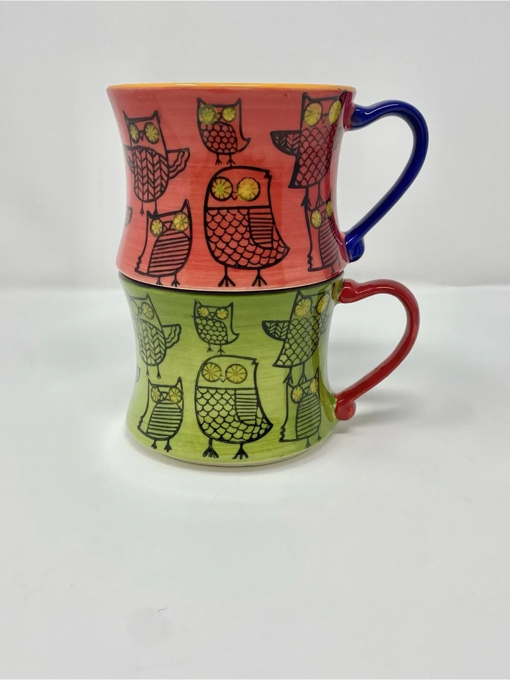 Set of 2 Beautiful colorful owl decorated Pier 1 Hand painted Stoneware mugs10oz